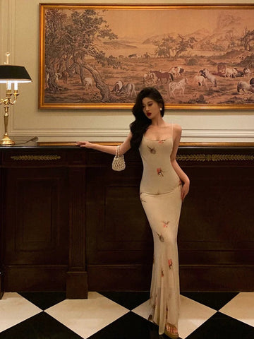 Sheath Spaghetti Straps Floral Prom Dresses Birthday Outfits Evening Gown SD985